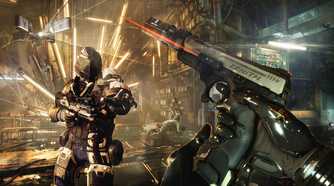 Screenshot from Deus Ex: Mankind Divided video game of player character examining their pistol in sci-fi setting