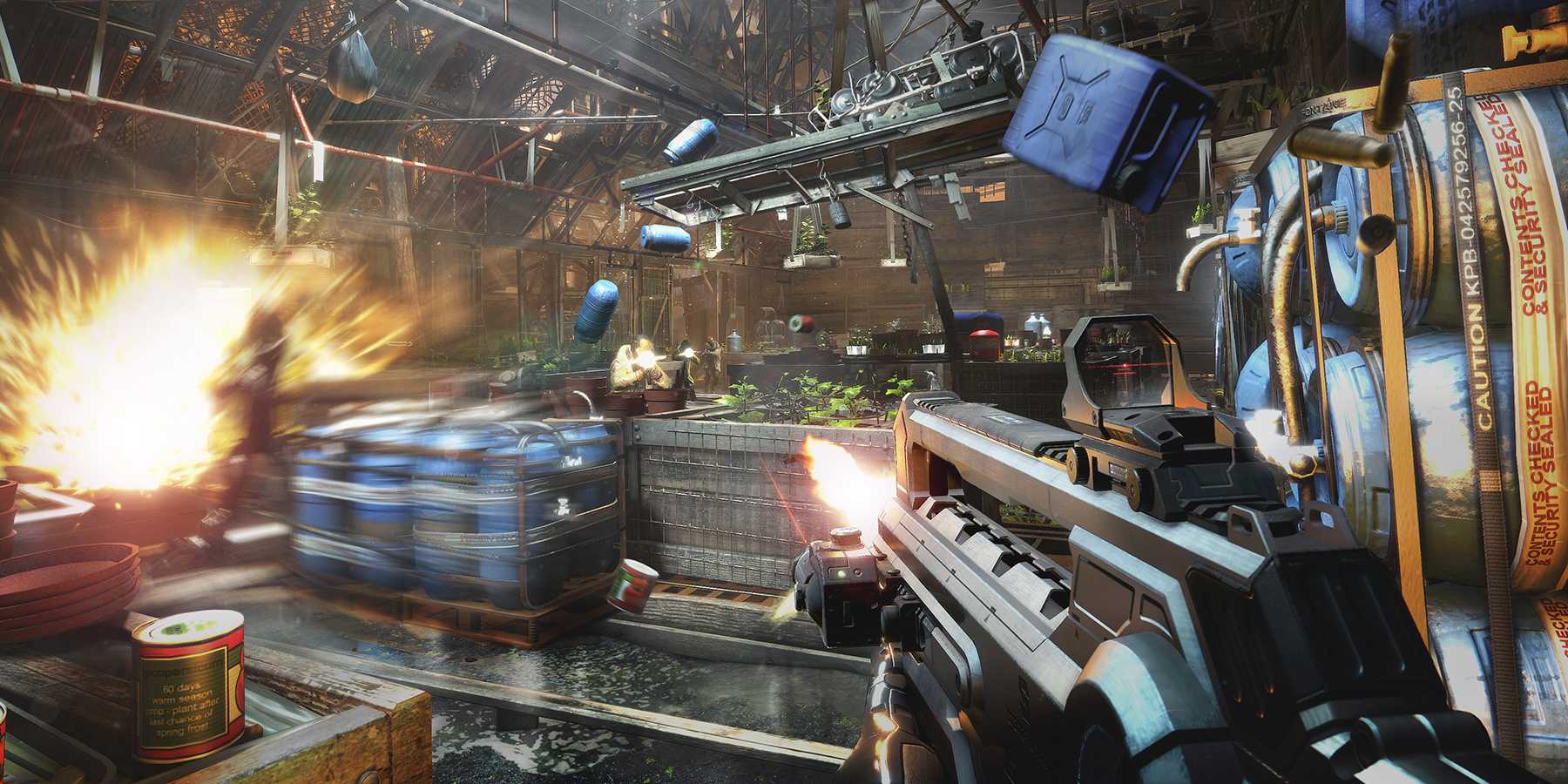 Screenshot from Deus Ex: Mankind Divided video game of player firing an assault rifle in first-person view.