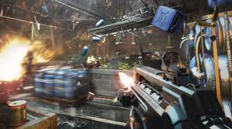 Screenshot from Deus Ex: Mankind Divided video game of player firing an assault rifle in first-person view.
