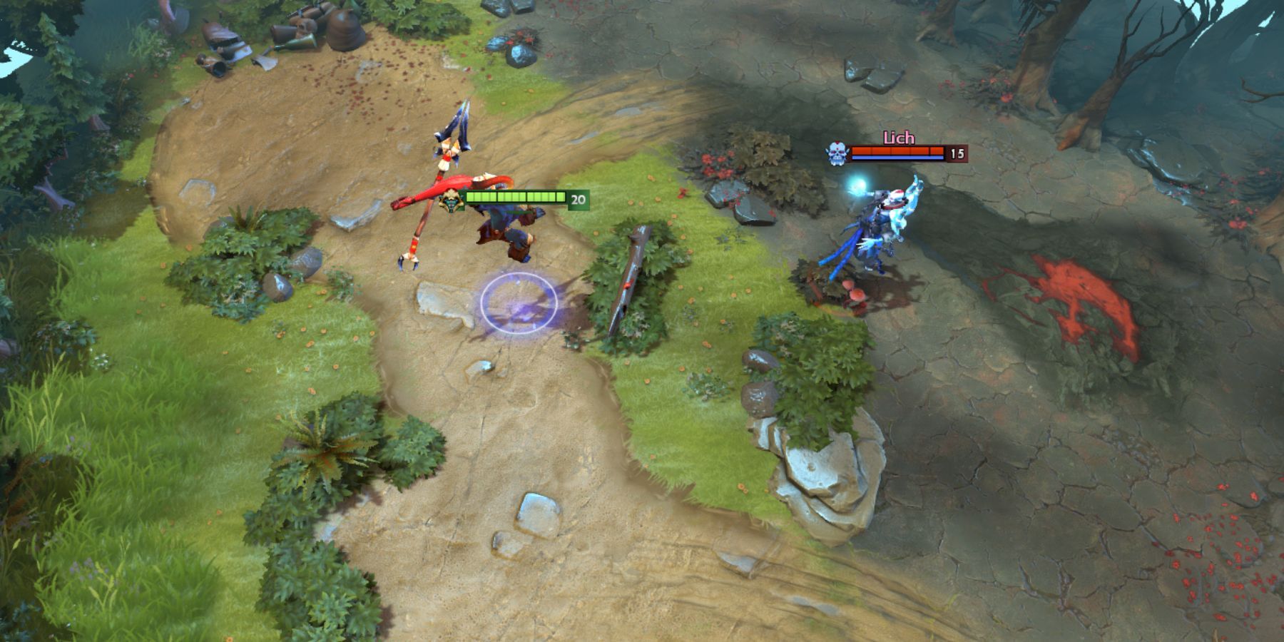 Screenshot from DOTA 2 video game of two characters engaged in combat.