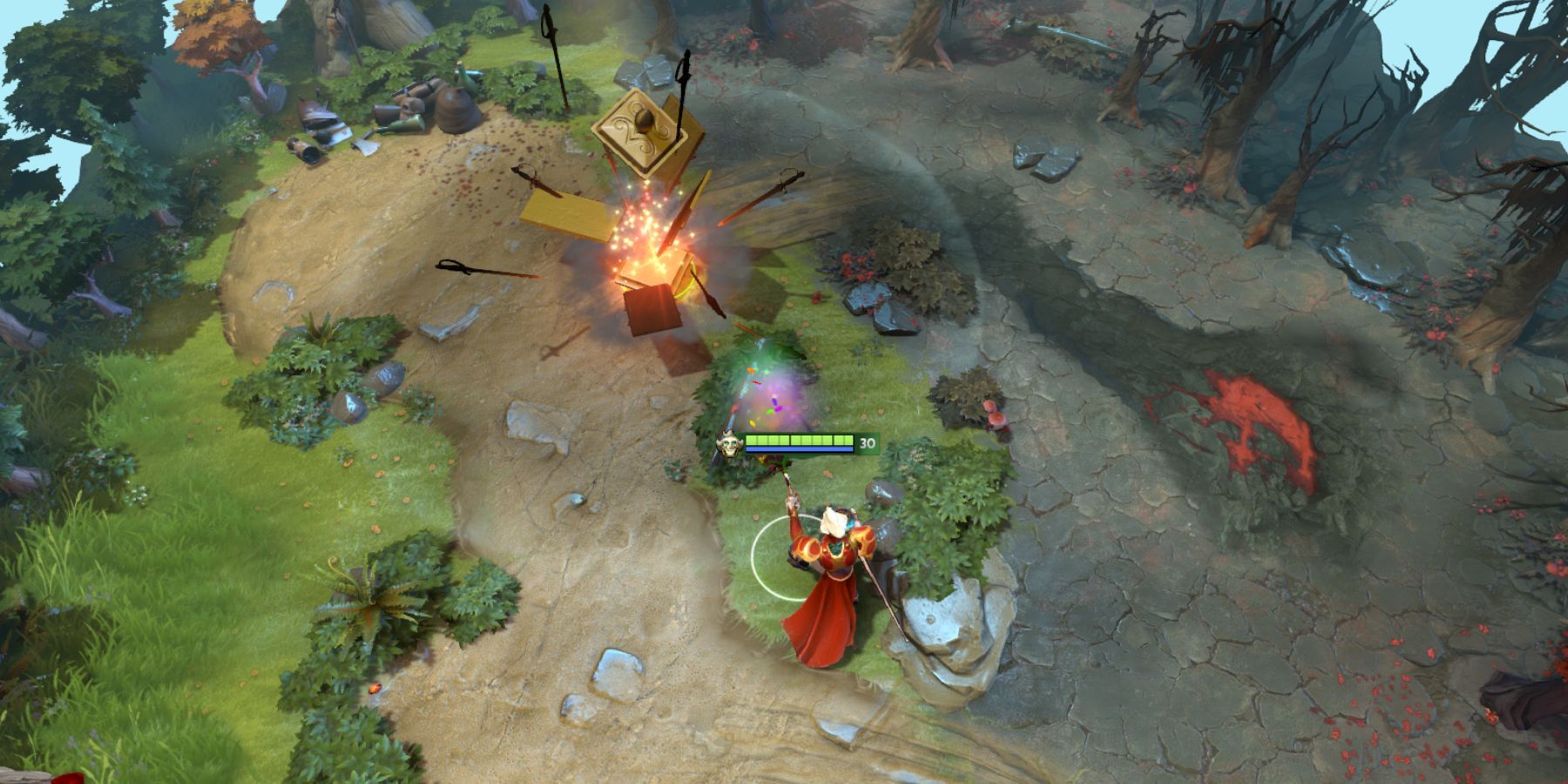 Screenshot from DOTA 2 video game of character using magical abilities to open a chest.