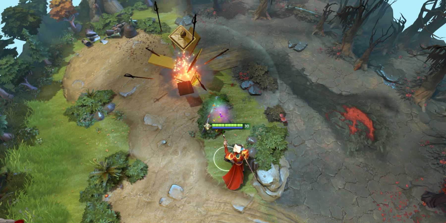 Screenshot from DOTA 2 video game of character using magical abilities to open a chest.