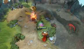 Screenshot from DOTA 2 video game of character using magical abilities to open a chest.