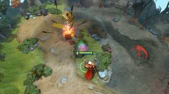 Screenshot from DOTA 2 video game of character using magical abilities to open a chest.