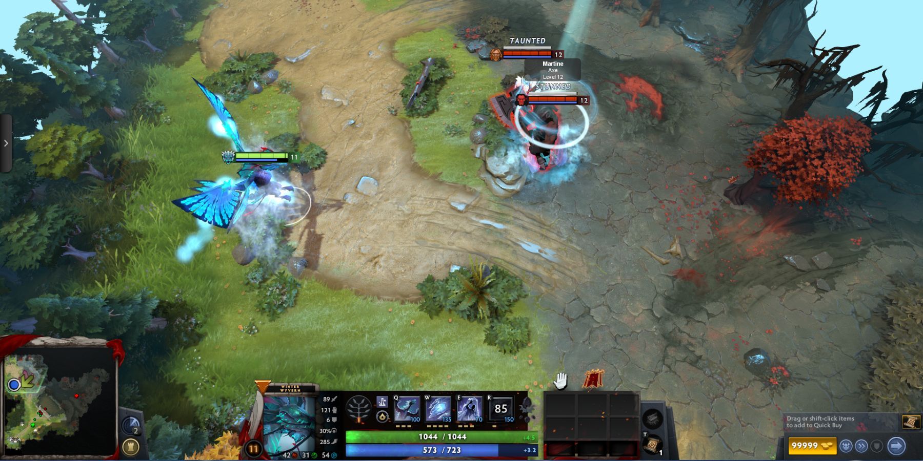 Screenshot from DOTA 2 video game with three characters engaged in combat in grassy setting.