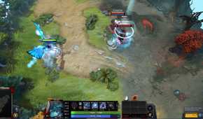 Screenshot from DOTA 2 video game with three characters engaged in combat in grassy setting.