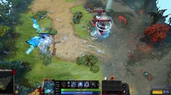 Screenshot from DOTA 2 video game with three characters engaged in combat in grassy setting.