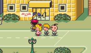 Screenshot from Earthbound video game of the four main characters walking down the street.