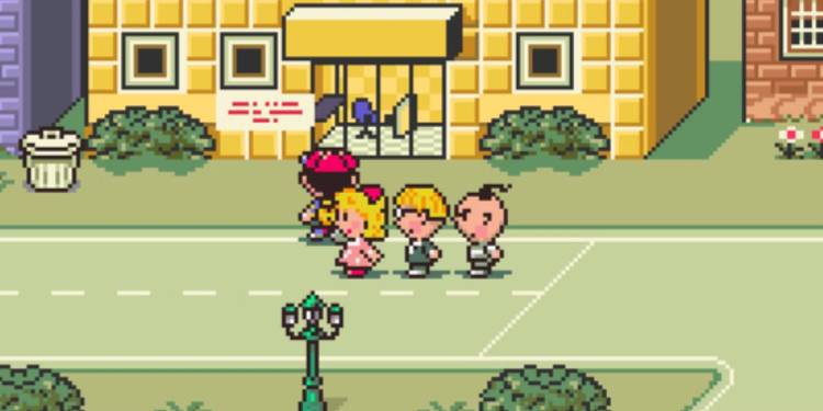 Screenshot from Earthbound video game of the four main characters walking down the street.