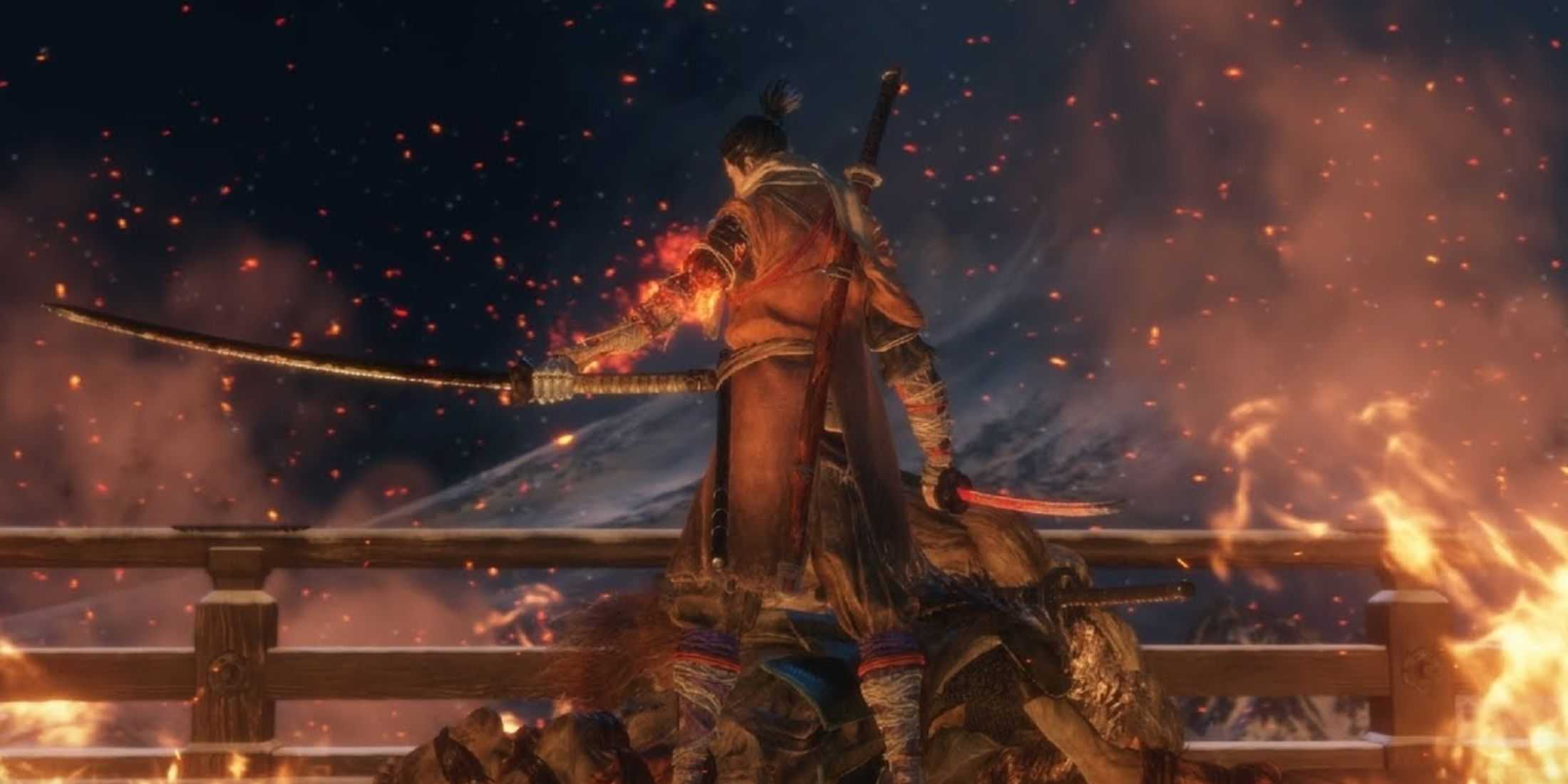 Sekiro with his sword on fire