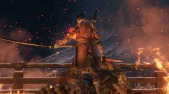 Sekiro with his sword on fire