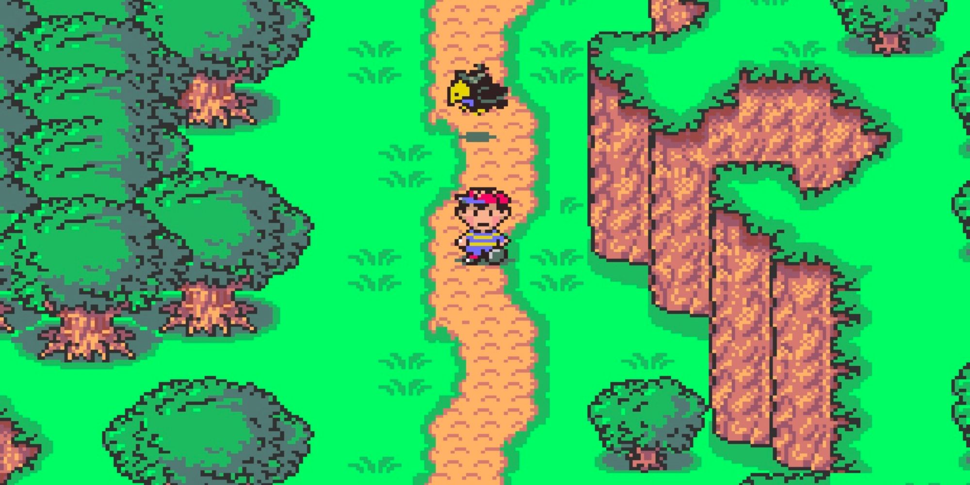 Screenshot from Earthbound video game of main character exploring a forest area with a bird behind them