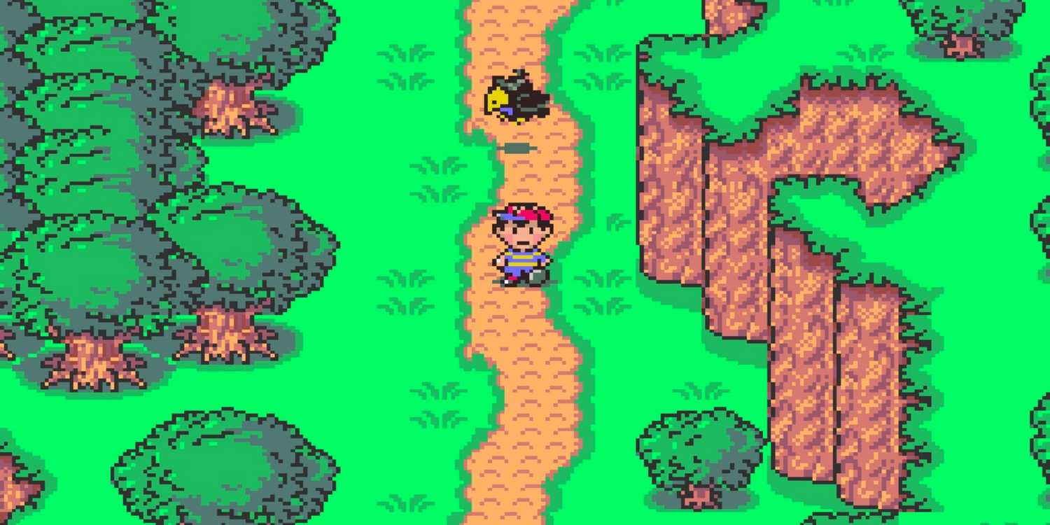 Screenshot from Earthbound video game of main character exploring a forest area with a bird behind them