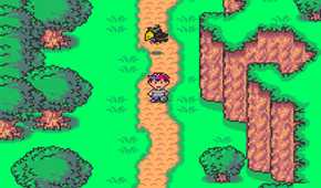 Screenshot from Earthbound video game of main character exploring a forest area with a bird behind them