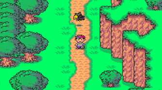 Screenshot from Earthbound video game of main character exploring a forest area with a bird behind them