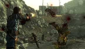 Fallout 3 screenshot of a player in a gun fight with an apocalyptic mutant
