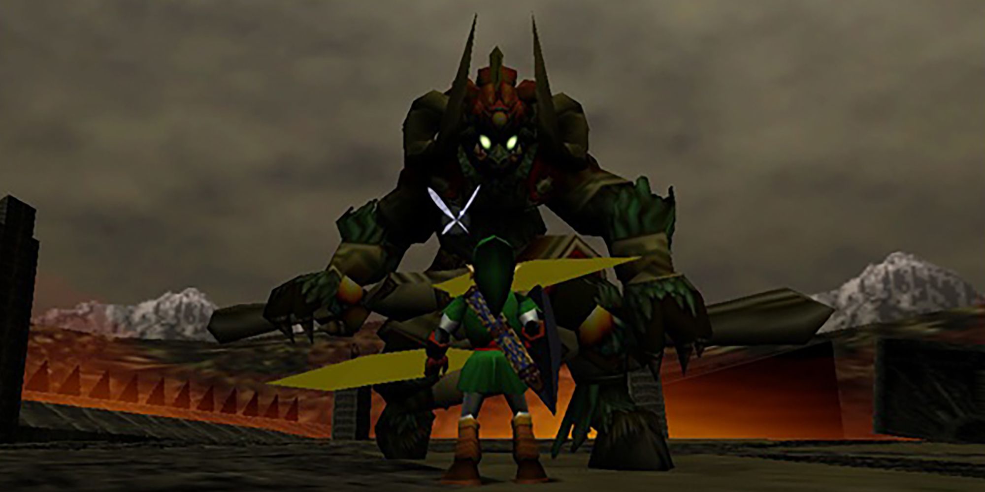 A screenshot of Link battling Ganon at the end of The Legend of Zelda: Ocarina of time