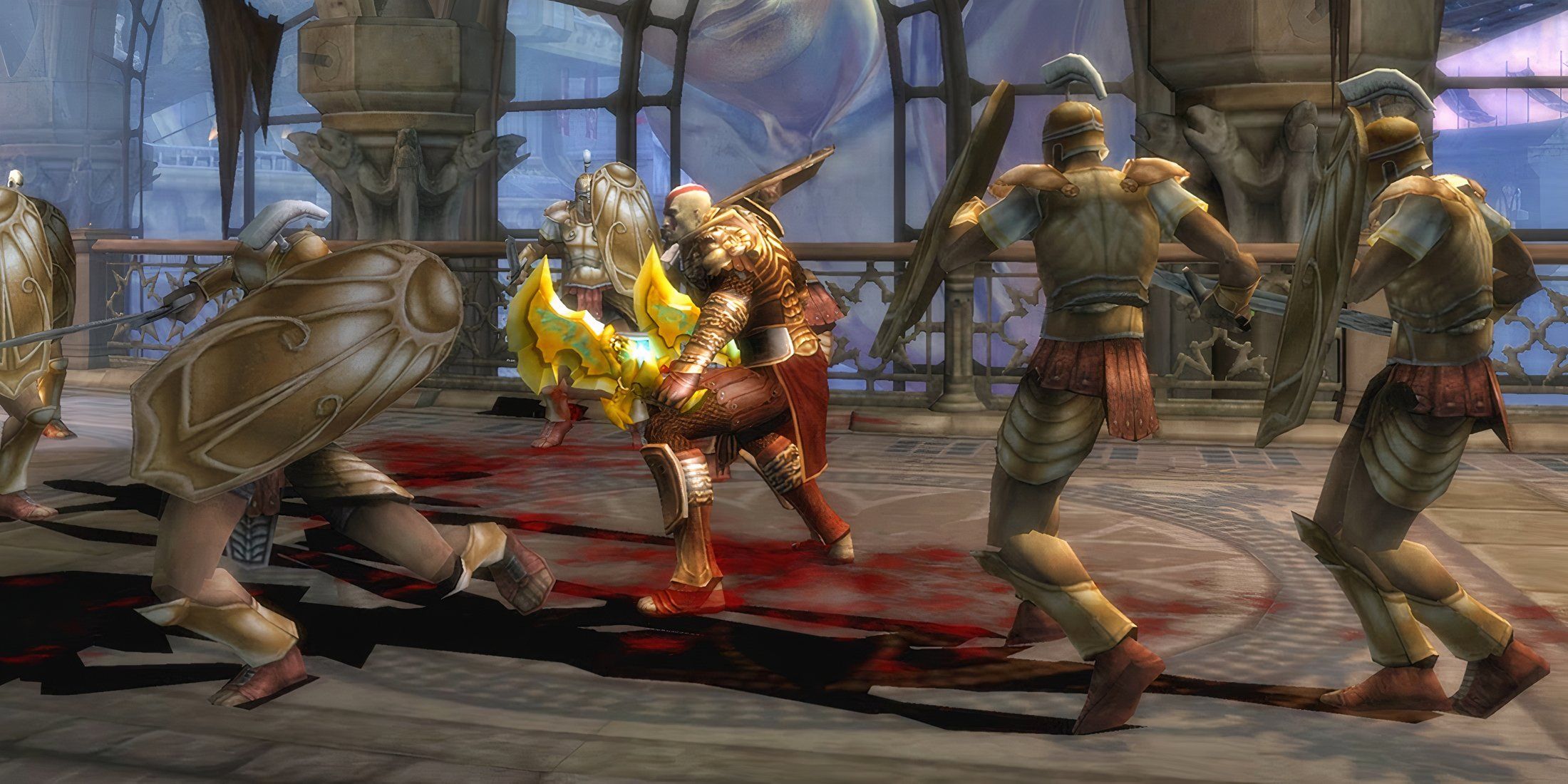 A screenshot of Kratos in combat in God of War II