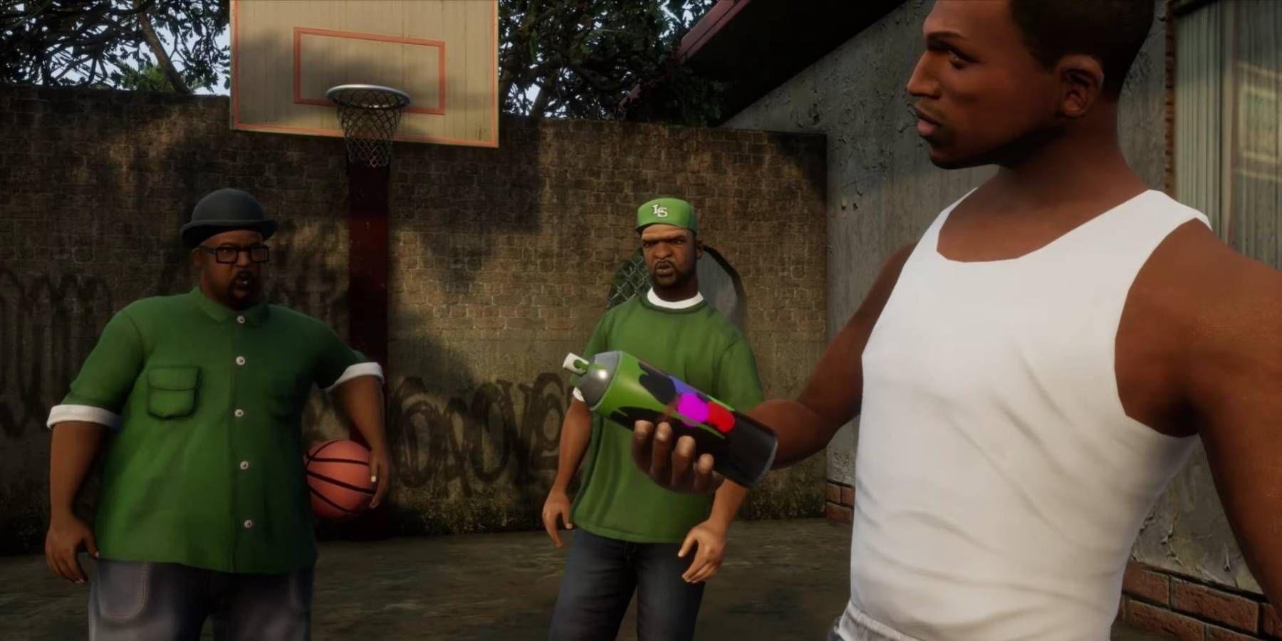 CJ holding a can of spray paint while Sweet and Big Smoke play basketball in Grand Theft Auto: San Andreas