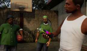 CJ holding a can of spray paint while Sweet and Big Smoke play basketball in Grand Theft Auto: San Andreas
