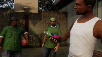 CJ holding a can of spray paint while Sweet and Big Smoke play basketball in Grand Theft Auto: San Andreas