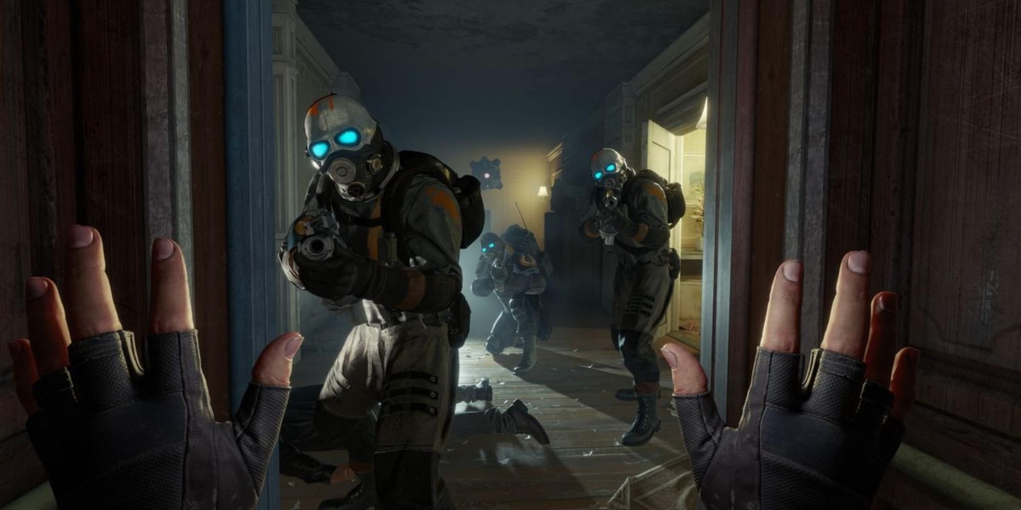 Soldiers pointing their guns at the player