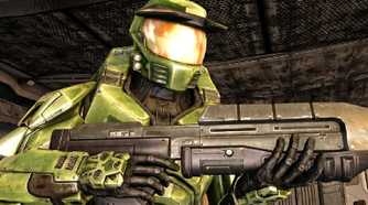 A screenshot of Master Chief in the original Halo: Combat Evolved.
