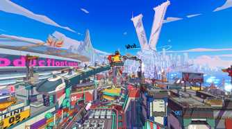 Screenshot of the Hi-Fi rush game showing the main character jumping through a building complex