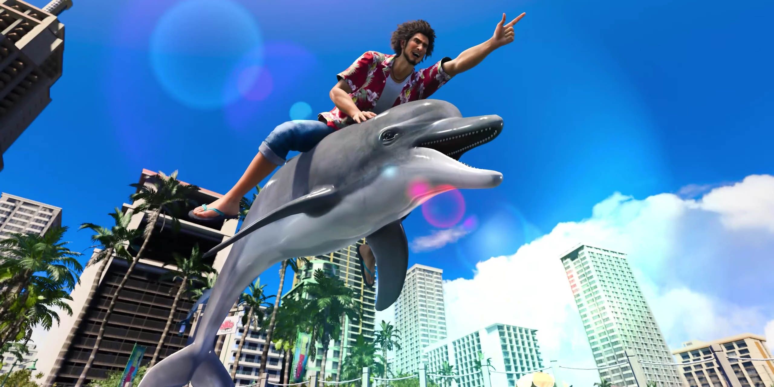Like A Dragon: Infinite Wealth Ichiban riding a dolphin in Hawaii
