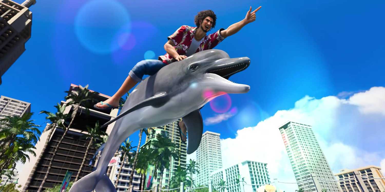 Like A Dragon: Infinite Wealth Ichiban riding a dolphin in Hawaii