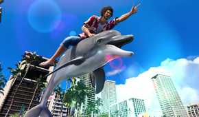 Like A Dragon: Infinite Wealth Ichiban riding a dolphin in Hawaii