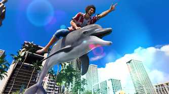 Like A Dragon: Infinite Wealth Ichiban riding a dolphin in Hawaii