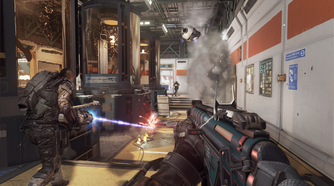 A screenshot of gameplay from the campaign of Call of Duty: Advanced Warfare