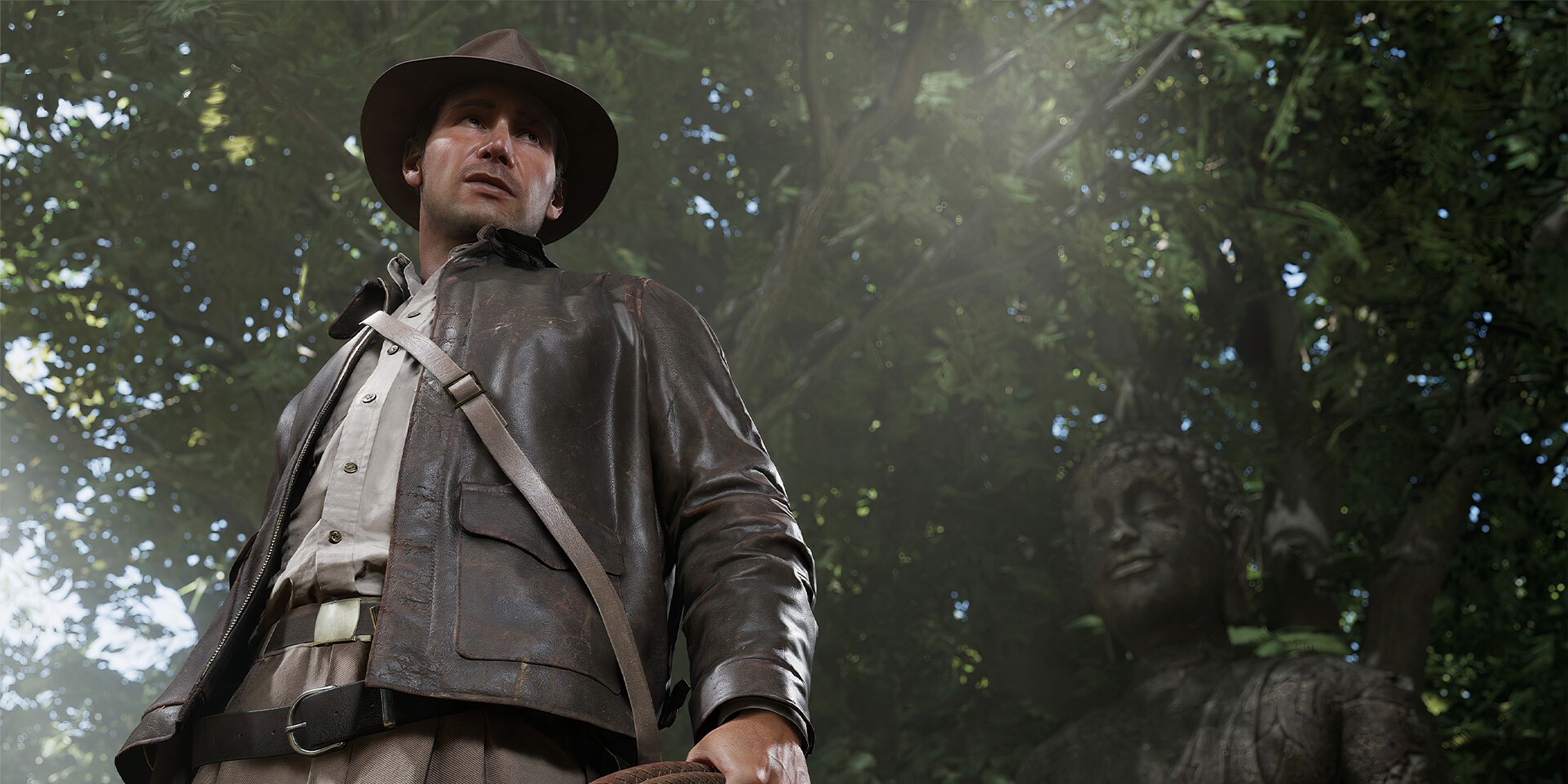 A screenshot of Indy holding his whip in Indiana Jones and the Great Circle