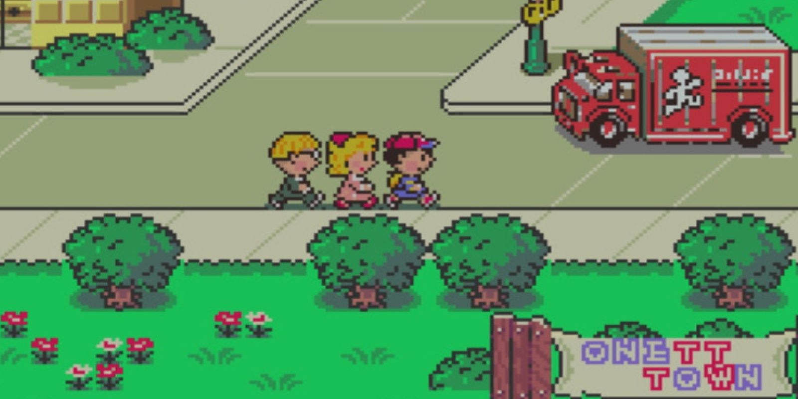 Screenshot from Earthbound video game of three characters walking on the sidewalk as a truck passes by