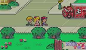 Screenshot from Earthbound video game of three characters walking on the sidewalk as a truck passes by