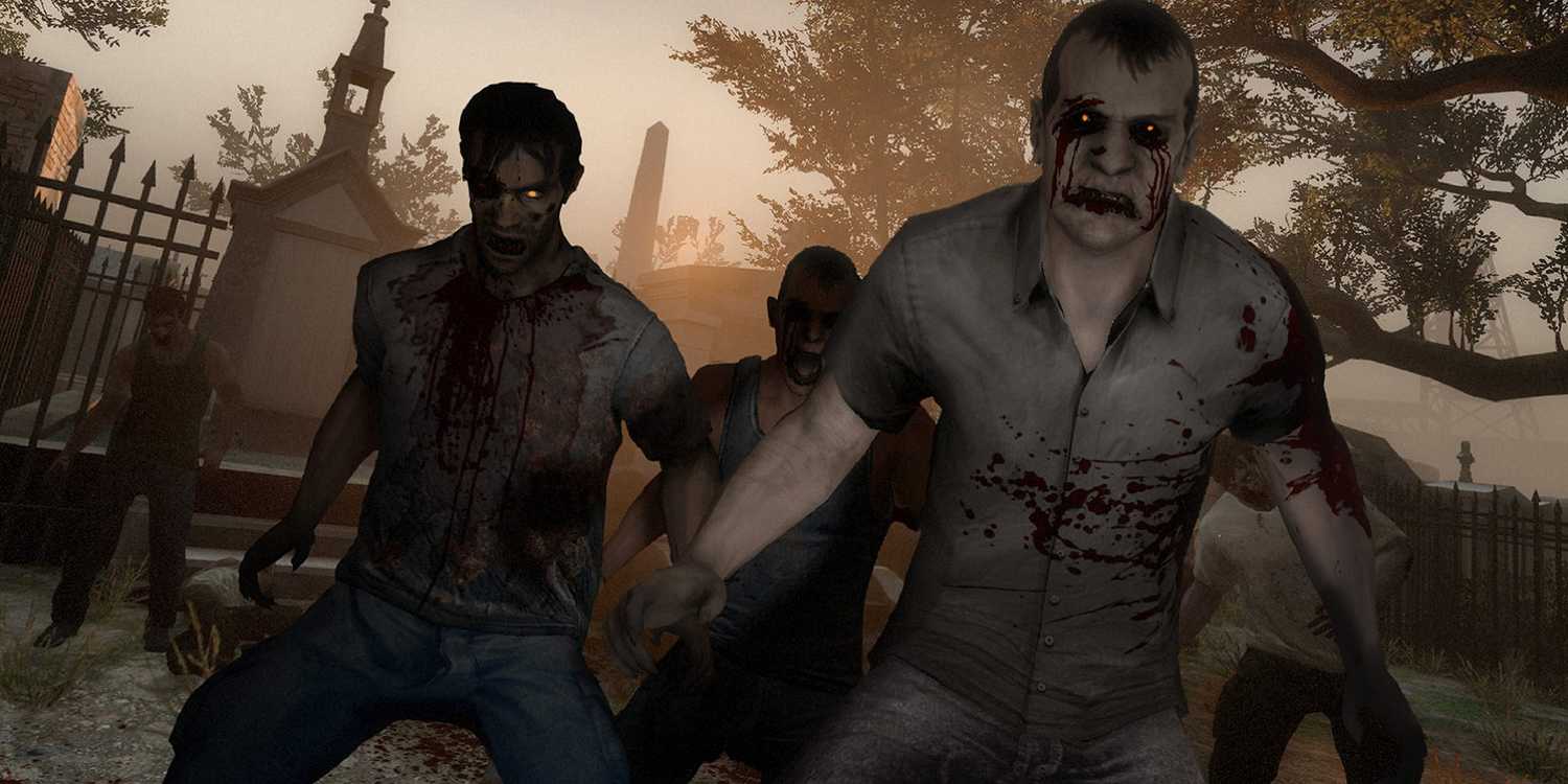 left 4 dead 2 zombies power stancing in a graveyard
