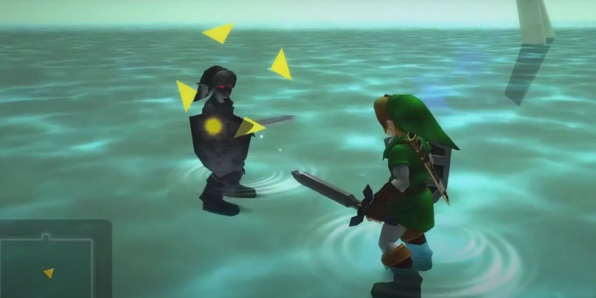 A screenshot of Link battling Dark Link in The Legend of Zelda: Ocarina of Time