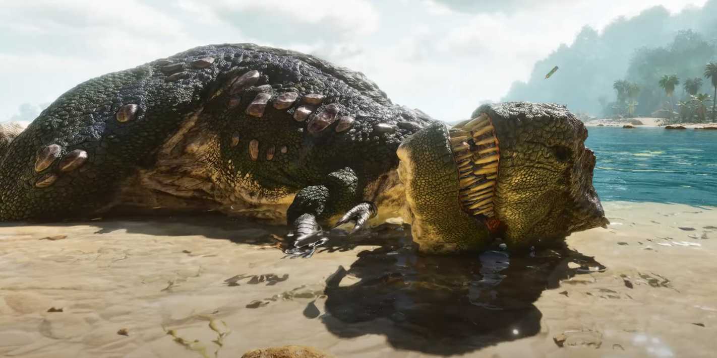 A dinosaur lying on the beach