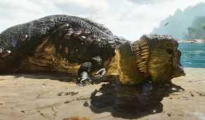 A dinosaur lying on the beach