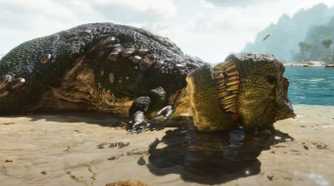 A dinosaur lying on the beach