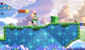 A screenshot of Elephant Luigi riding on Yoshi in Super Mario Bros. Wonder