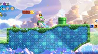 A screenshot of Elephant Luigi riding on Yoshi in Super Mario Bros. Wonder