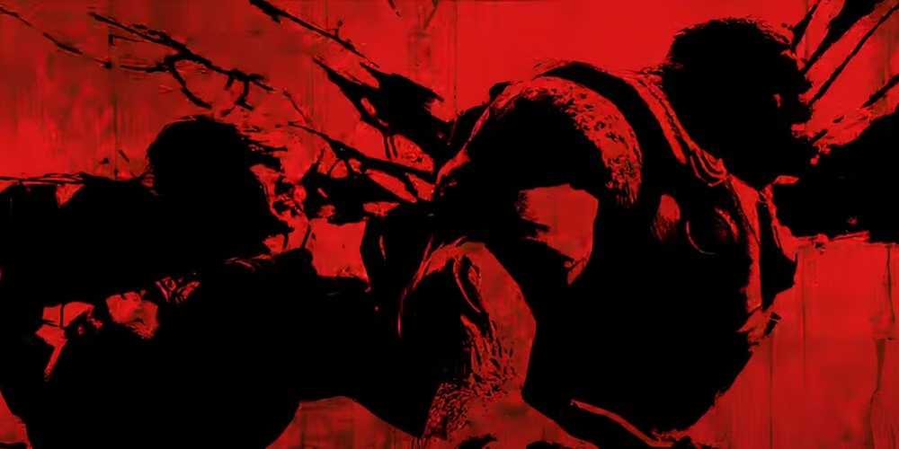 marcus using chainsaw on a locust from behind with a red background in gears of war 2