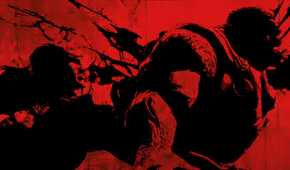 marcus using chainsaw on a locust from behind with a red background in gears of war 2