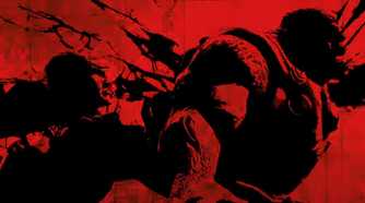 marcus using chainsaw on a locust from behind with a red background in gears of war 2