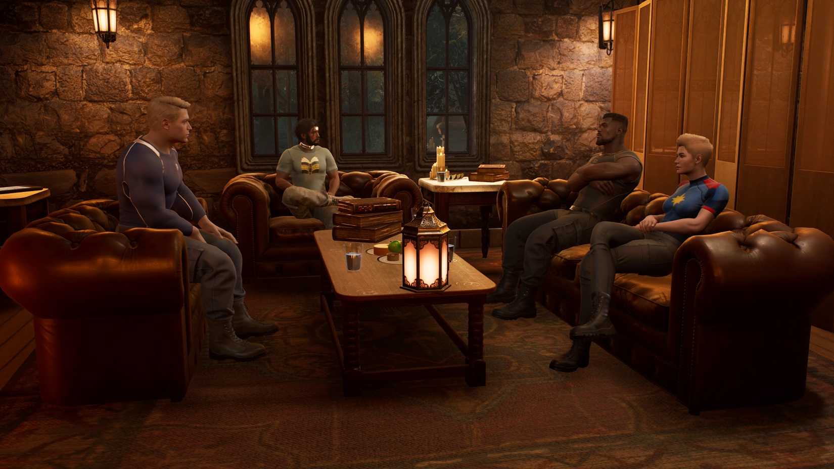 Blade, Captain America, Captain Marvel, and The Hunter enjoying Book Club in Midnight Suns.