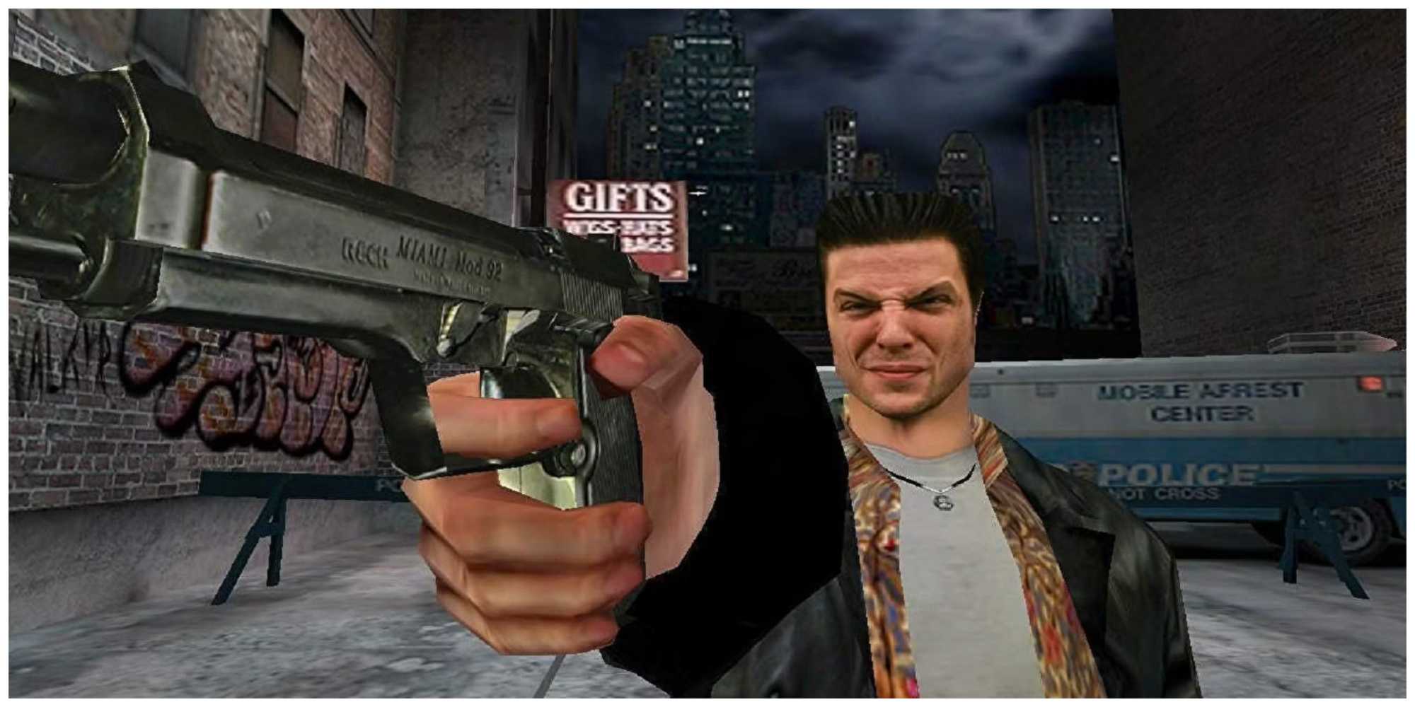 Screenshot from Max Payne video game of Max Payne pointing a pistol with police car behind him
