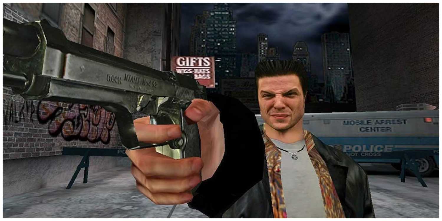 Screenshot from Max Payne video game of Max Payne pointing a pistol with police car behind him