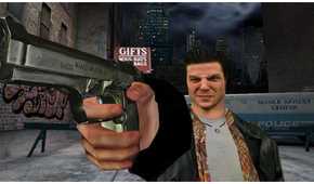 Screenshot from Max Payne video game of Max Payne pointing a pistol with police car behind him